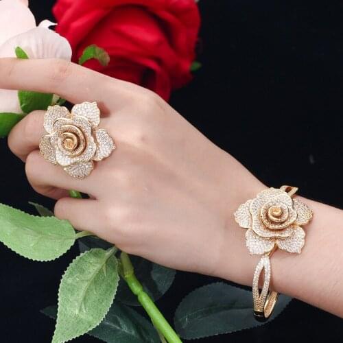 Trendy Clamper Bloom CZ Bangle Ring Set BSYA0077 Jewelry Women Bling Charm Elegant Bracelet Party Gold Silver Plated