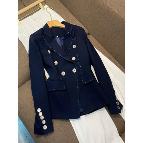 2021 New Womens Beaded Side And Bright Line Decoration Double-Breasted Big Slim Casual Little Suit O35