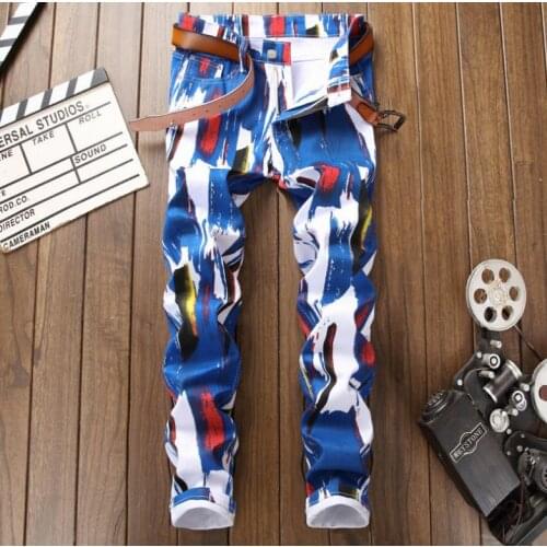 Skinny Mens Painted 3D Digital Print Designer Elastic Pants High Quality Graffiti Slim Stretch Jeans For Men #5006