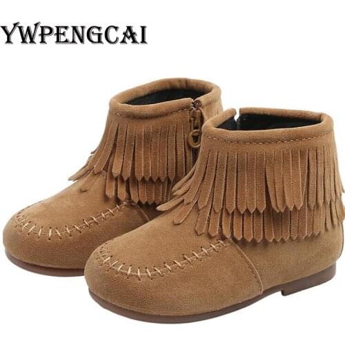 Autumn Winter Kids Fringe Tassel Martin Boots For Girl Warm Fur Shoes Toddler Girl Boots Vintage Style Flock Leather Girls Boots