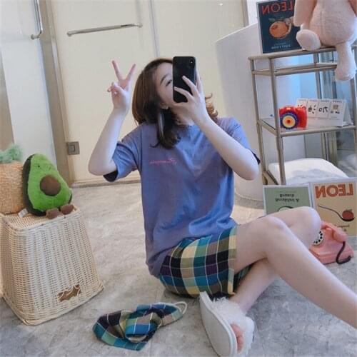 Plus size pajamas 5XL women summer short-sleeved cotton home service suits plaid shorts simple fashion pajamas 2PC pijamas