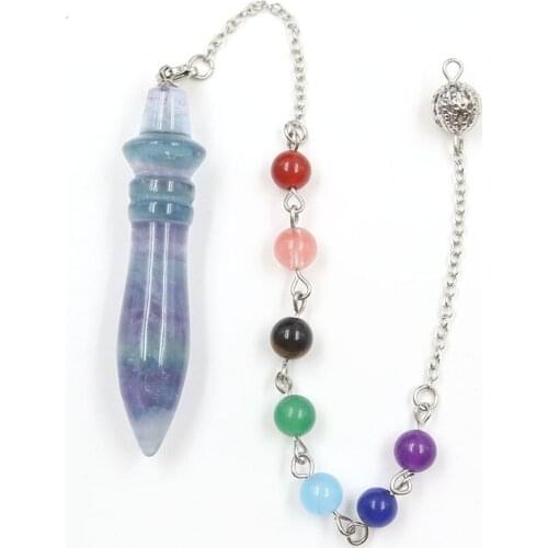 Bullet Shape Natural Fluorite Stone Silver Plated Pendulum for Scrying Pendant with Healing Chakra Chain Jewelry