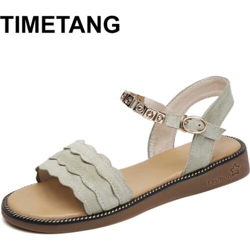 TIMETANG Flat-soled Sandals New Summer Student Simple Fairy Wind Soft-soled Comfortable Roman Shoes Lotus Leaf Ladies ShoeE858