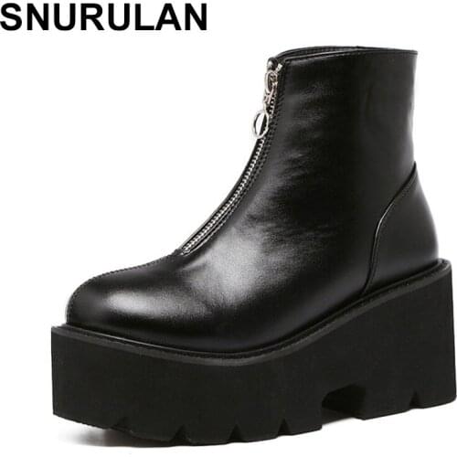 SNURULAN Demi-season shoes punk style boots with a zipper in the front leather womens ankle boots casual shoes on the platform