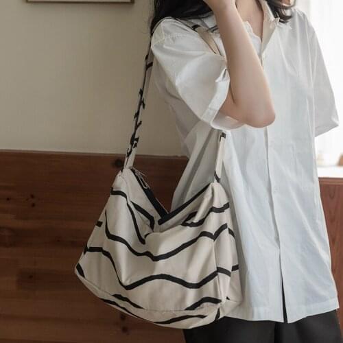 Womens Fashion Striped Crossbody Bag Simple Design Pure Cotton High Capacity Shoulder Purses Ladies Shopping Handbags