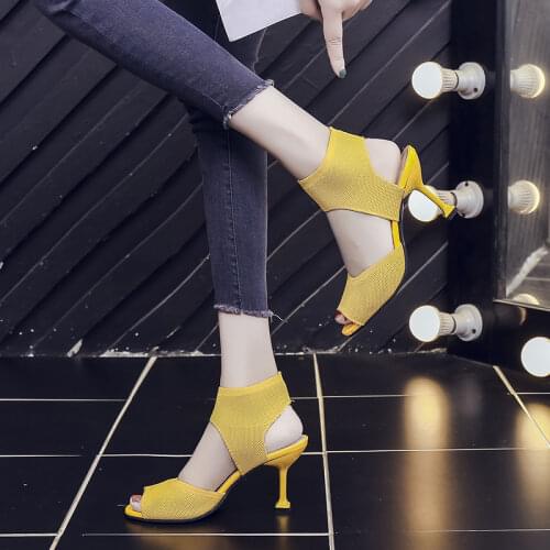 Womens High Heels Single Shoes Spring 2020 New Fashion personality woven cloth sexy Womens fish-shaped open toe sandals U28-44