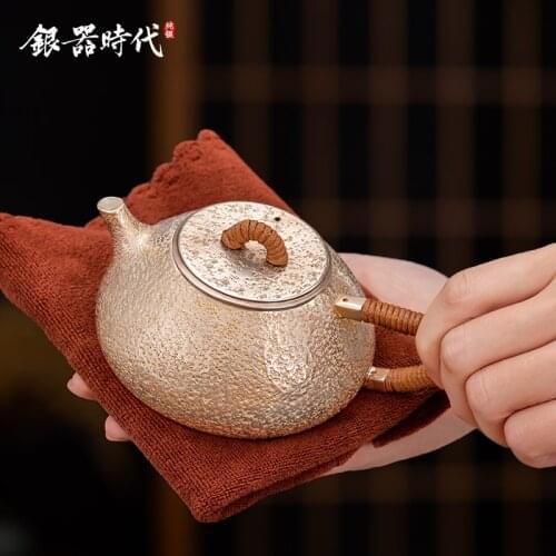 Age 999 sterling silver teapot household pot of pure manual JingZhou stone gourd ladle kung fu tea set a silver pot