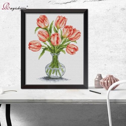 RUYISHIJIA Embroidery,Paintings,Needlework,Cross stitch kits,Flower arrangement, tulip,DIY Cross-stitch,thread embroidery