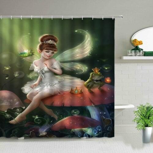 Fantasy Forest Shower Curtains 3D Cartoon Fairy Tale Elf Girl Frog Prince Mushroom Child Bathroom Decor Waterproof Cloth Curtain