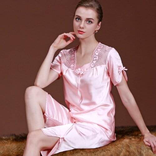Womens Silk Pajamas Sets Spring Summer Female Lace Embroidered Satin Pyjamas Sleepwear Loungewear Ladies Sleepwear M-XL