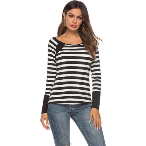 Women Long Sleeve Hit Color Block Striped Patchwork Tshirt Tops Spring Autumn O Neck T-shirt Female Girls Casual Slim Clothes