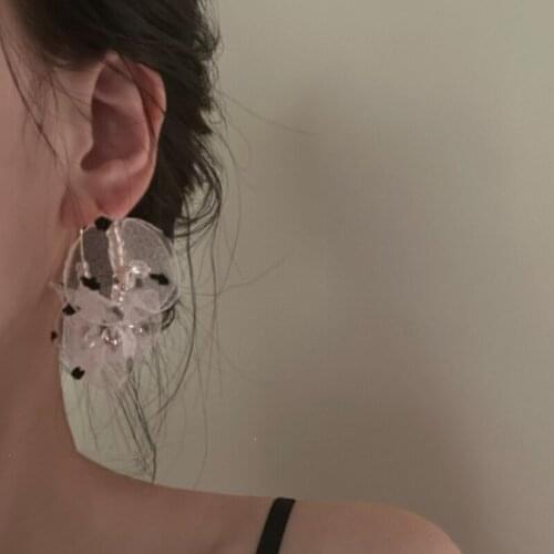 VSnow Korean Fairy Tale Dot Perspective Mesh Flower Earrings for Women Clear Crystal Floral Hoop Earrings Jewelry Pendientes