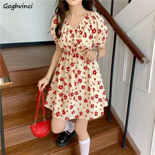 Women Short Puff Sleeve Dresses V-neck Floral Sweet Fashion Streetwear Ulzzang Lovely Teens Ruffles High Waist Retro Gentle Slim