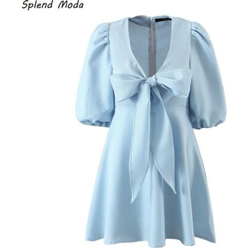 Splend Moda French Vintage Bow Dress Womens 2021 Summer Plaid Deep V-Neck Puff Sleeve Mini Dress A-Line Blue Vestido Chic Zipper