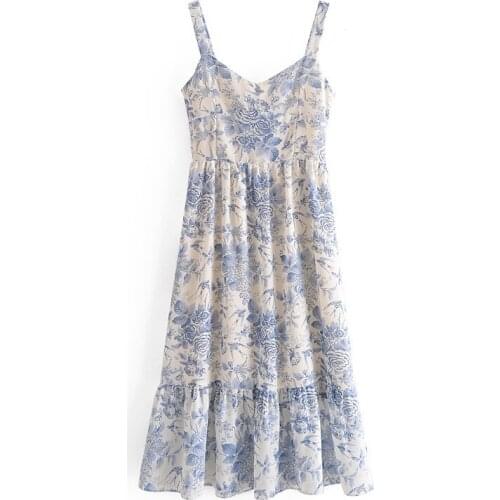 Vintage Blue Flower Printed Chiffon Dresses for Women 2021 Sexy Spaghetti Strap Midi Summer Dress Pleated Vestido De Mujer