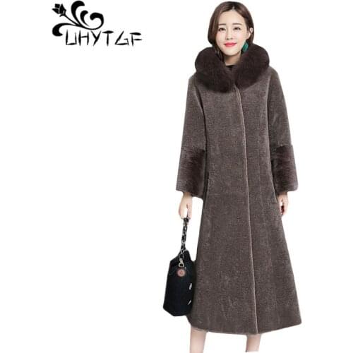 UHYTGF Quality sheep sheared winter fur coat woman 2019 new imitation fox fur collar elegant woman long fur jacket plus size 332