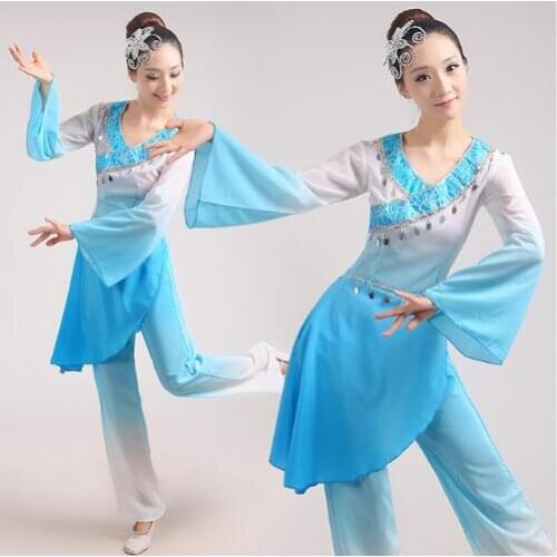 0110) Chinese classical dance costumes yangko dance blue costumes female Poetic sequined zither performance costumes drum wear