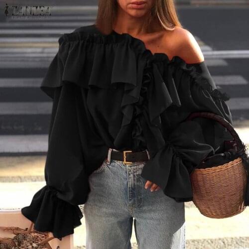 2021 Autumn Patchwork Ruffle Blouses ZANZEA Fashion Solid Tops Tunic Womens Elegant V Neck Chemise Lady Party Puff Sleeve Blusas