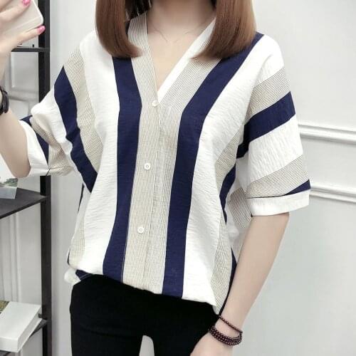 4xl Plus Size Stripe Blouses Fashion Oversize Short Sleeve Summer Tunic V-neck Casual Loose Shirts Women Clothing Vetement Femme