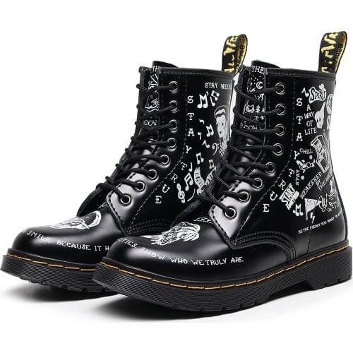 Fashion Skull Head Boots Graffiti Leather Boots Round Toe Motorcycle Shoes Thick-soled Side Zipper Womens Boots Mens Boots