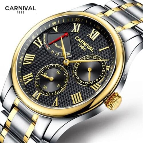 CARNIVAL Mechanical Kinetic energy display Business Watch Men Top Brand Luxury Stainless Steel Mens Automatic Watches Clock