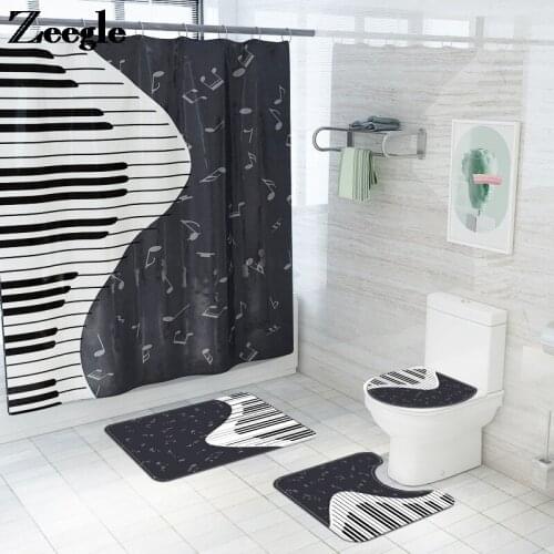 Black and White Home Decor Printed Bath Mat and Shower Curtain Set Shower Entrance Door Mat Anti-slip Floor Carpet for Toilet