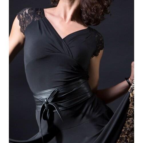 Black Lace V-Neck Adult Latin dance tops for women/Ladys buckle up leotard modern dance top practice blousers T17011