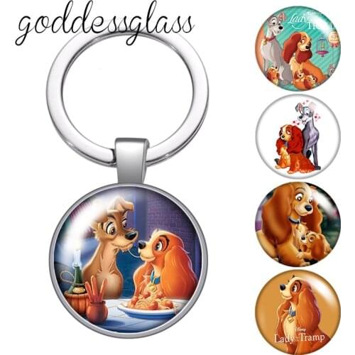 Disney Lady and the Tramp Dogs glass cabochon keychain Bag Car key chain Ring Holder Charms keychains gift