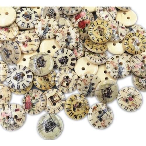 DIY 200pcs Wooden Buttons Mixed clock pattern Fit Sewing Scrapbooking 2-holes 15mm