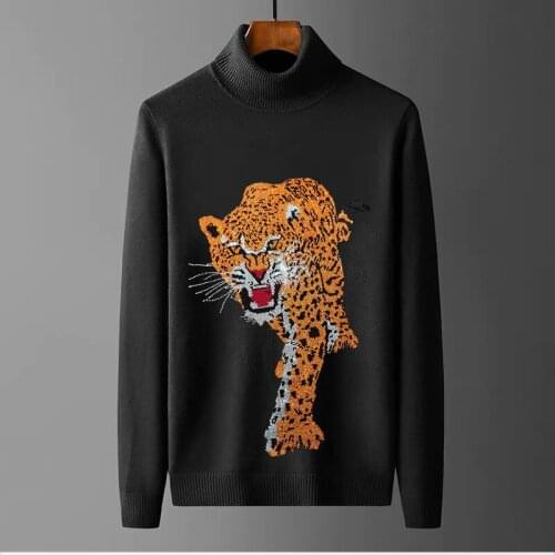 Mens Hip Hop Turtleneck Sweater Hot Rhinestone Warm Knit Autumn/Winter Long Sleeve Comfortable Pullover New Tops