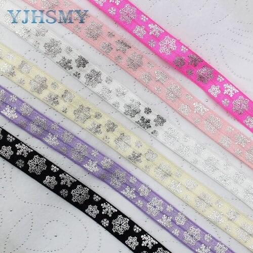 E-20508-909 16mm Hot silver snowflake Elastic Ribbon Printed, DIY handmade accessories, packaging decorative ribbon