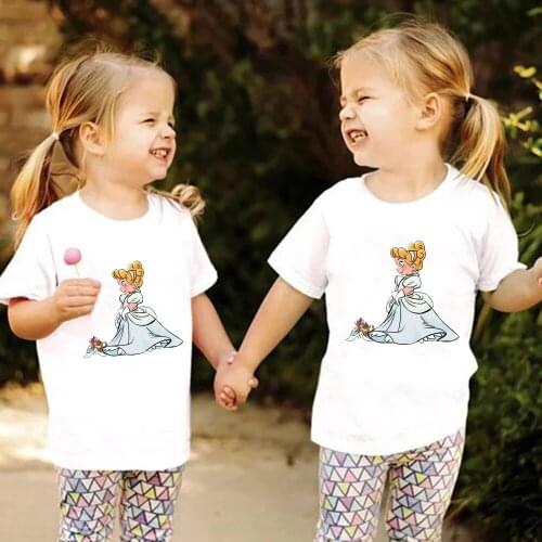 Cinderella Disney Princess Tshirt Harajuku Casual White Girls Tops Tees Children New Summer Casual Kids T-Shirt