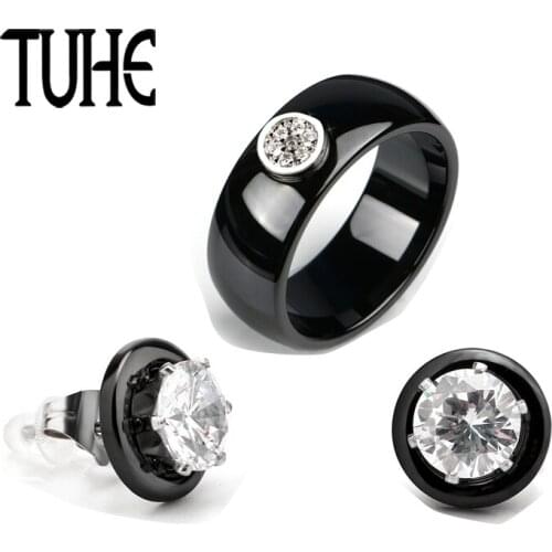 Smooth 8MM Wide Ceramic Rings And Big Crystal Earrings Shining Classic Black White Color For Women Lady Fashion Jewelry Gifts