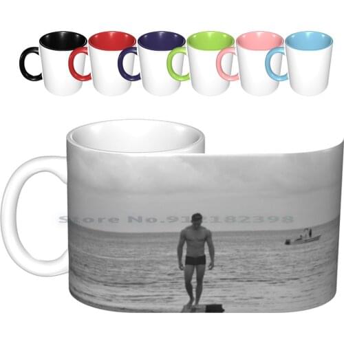 Pier Ceramic Mugs Coffee Cups Milk Tea Mug Beach Muscle Guy Mens Model Male Model Pier Sand Surf Ocean Sky Bodybuilder Black