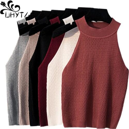 UHYTGF Summer Knitted tops Womens Top Hanging neck sleeveless Knit sweater vest female Solid color Slim Sexy Short knit vest 224