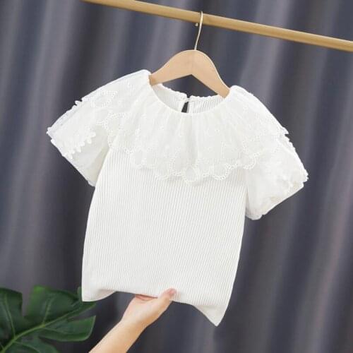 Summer Baby Toddler T-Shirt School Girls White Blouse Cotton Puff Short Sleeve Girl Lace Tops Kids Tee Shirt Children Clothes