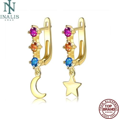 INALIS Asymmetrical Star And Moon Gold Plated Stud Earrings For Women Clear Cubic Zirconia Copper Earring Female Fashion Jewelry