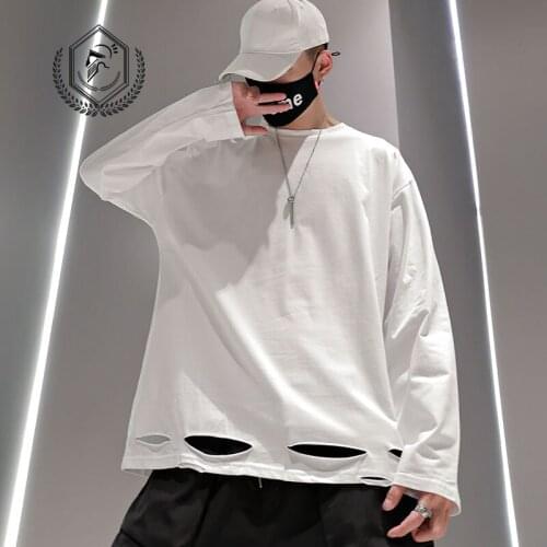 Men Loose Hole Fashion Long Sleeve Hip Hop T-shirt