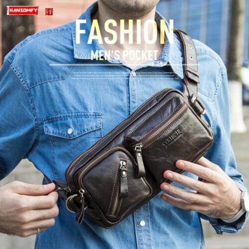 New First Layer Cowhide Multifunctional Mens Chest Bag Belt Bag Leather Shoulder Messenger Bags