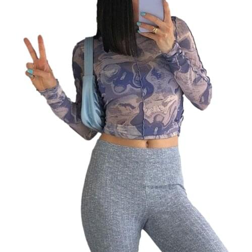 2021 New Women Sheer Mesh Tops Sexy Long Sleeve Crew Neck Tie Dye Print Slim Fit T-Shirts