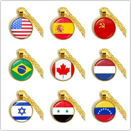 Soviet Union,Brazil,Canada,Netherlands,Israel,Syria,Venezuela,United States,Spain National Flag Glass Cabochon Pendant Necklace