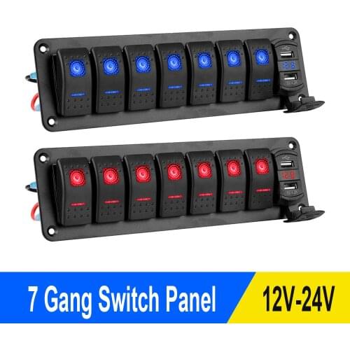 7 Gang Rocker Switch Panel 12V/24V Car Marine Circuit Control Breaker Dual USB Chargers Digital Voltmeter for Car RV Truck