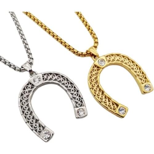 Gold/silver color Stainless steel cz stones horseshoe pendant necklace U-shaped charm horse shoe necklace jewelry unique fashion