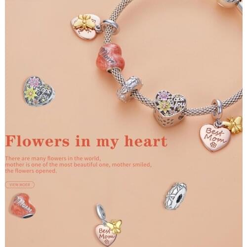 WOSTU 925 Sterling Silver Flower Charm Blossom Heart Love Pendant Fit Original Bracelet Necklace DIY Jewelry Mother Gift CQC1794