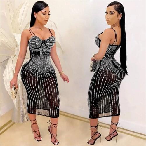 Transparent Mesh See Through Dress Sequin Glitter Bare Back Dress Straps Party Night Sukienka Women Sparkly Midi Dress Bodycon