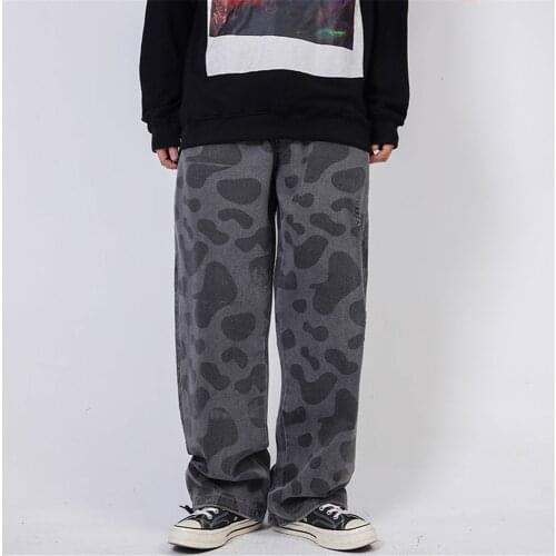 Cow spot print washed straight leg jeans for men