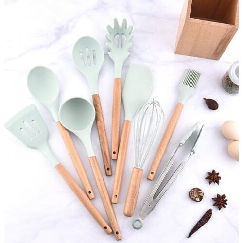 Silicone Kitchenware 9pcs /set Utensils sets with wooden handle light green Fork+ Scoop+Spatulas+Tongs+Turners
