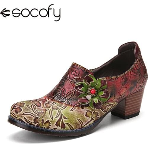 SOCOFY Retro Printed Embossed Leather Flowers Decor Side Zipper Comfy Wearable Women Chunky Heels Pumps Sandals Women Shoes