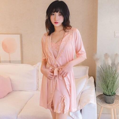 Spring summer slit embroidered lace princess sexy nightgown ice silk lady suspended sleepwear two-piece satin nightdress