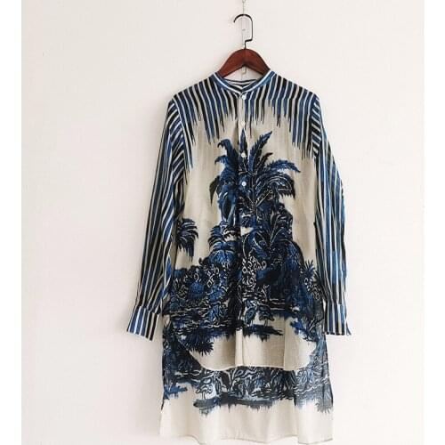 Spring Summer 2021 Runways Womens high quality Cotton stripe long Shirts Chic print loose blouses Top C692